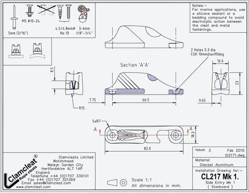 Стопор Clamcleat CL217 Mk1 Side Entry Mk1 Правий борт