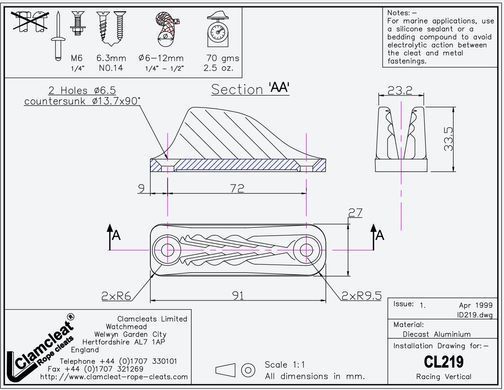 Вертикальный стопор Clamcleat CL219 Racing Vertical 6-12 мм