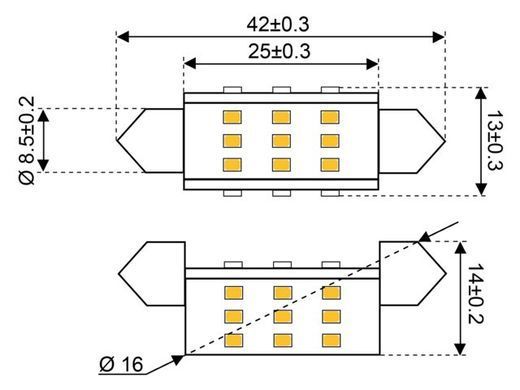 Лампа LED 27xSMD - Festoon, тёплый белый 2700K &Oslash; 16 x 42 мм